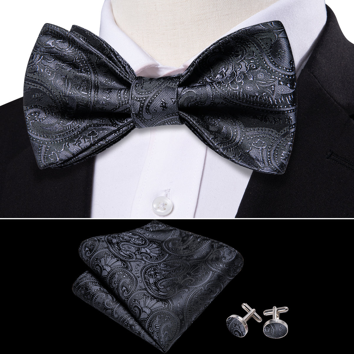 Black Paisley Bow Tie Set bow ties - Sophisticated Gentlemen