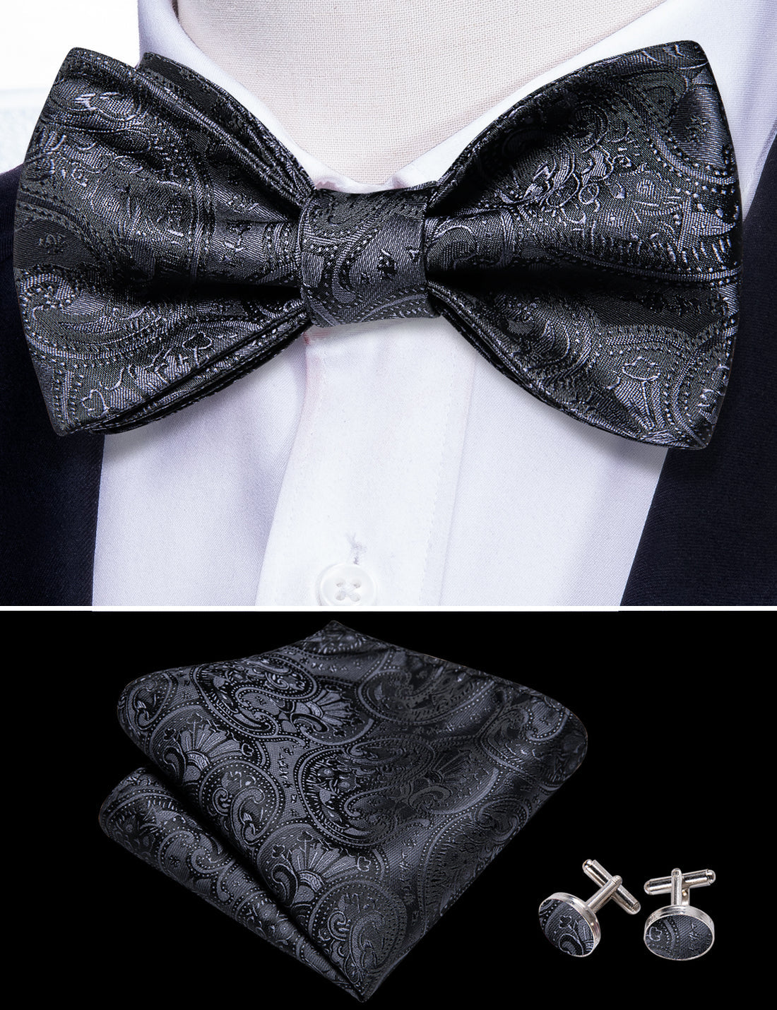 Black Paisley Bow Tie Set bow ties - Sophisticated Gentlemen