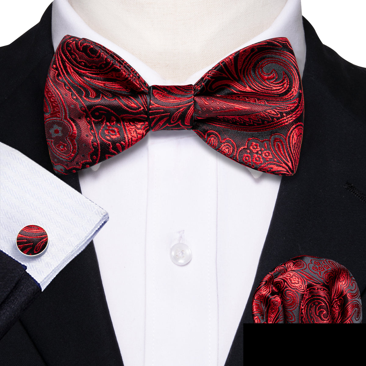Black Red Paisley Bow Tie Set bow ties - Sophisticated Gentlemen