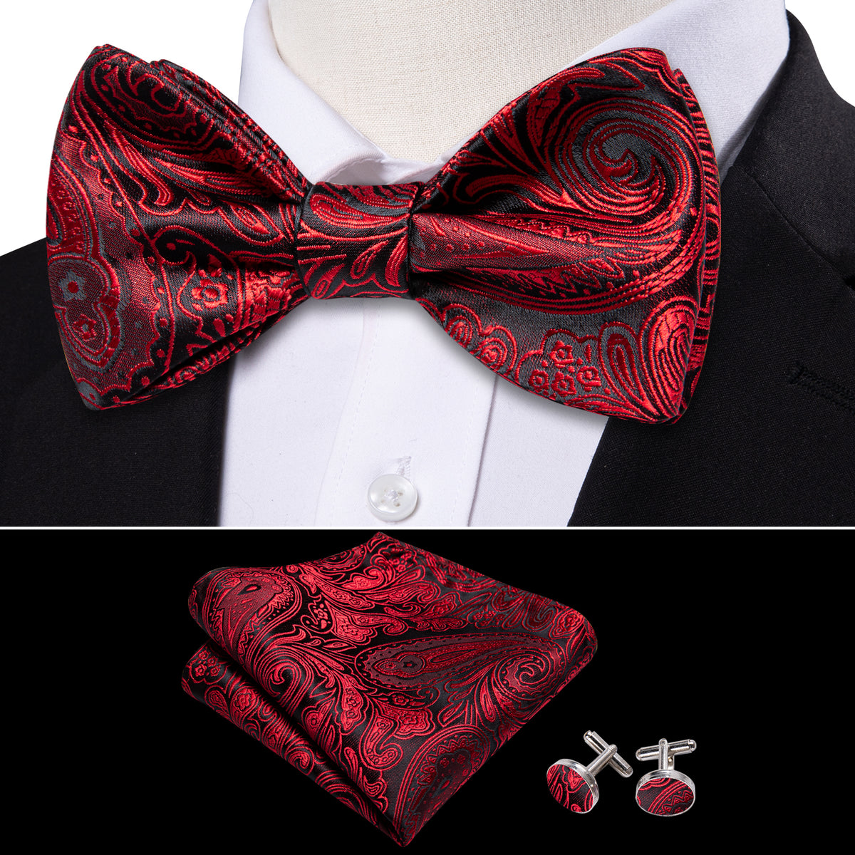 Black Red Paisley Bow Tie Set bow ties - Sophisticated Gentlemen
