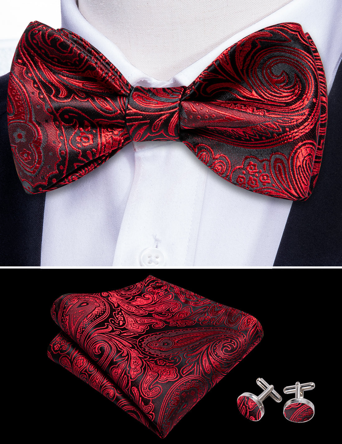 Black Red Paisley Bow Tie Set bow ties - Sophisticated Gentlemen