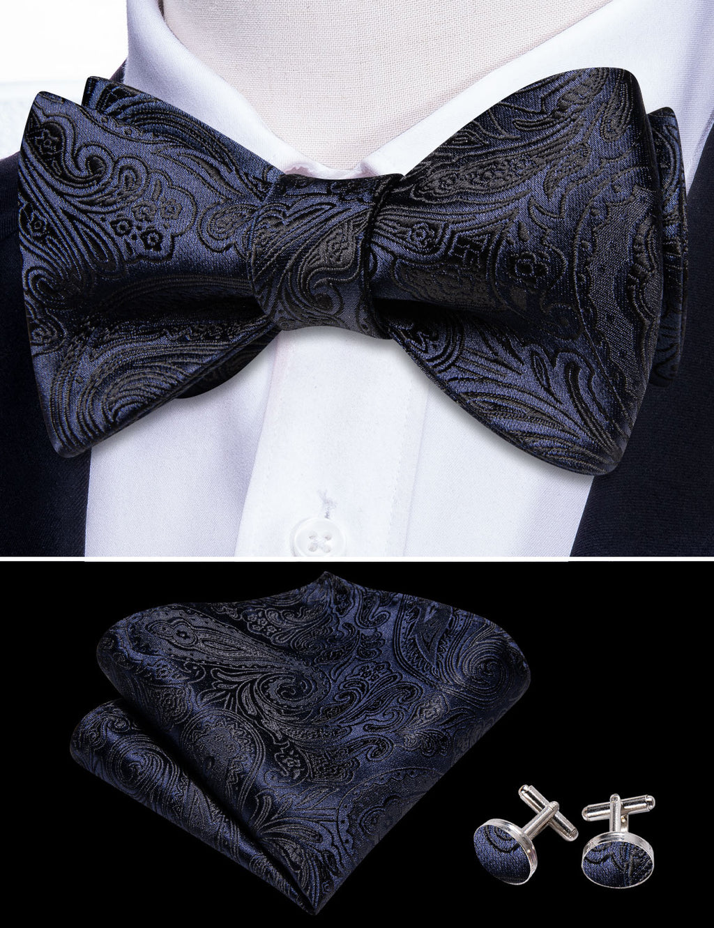 Blue Black Paisley Bow Tie Set bow ties - Sophisticated Gentlemen