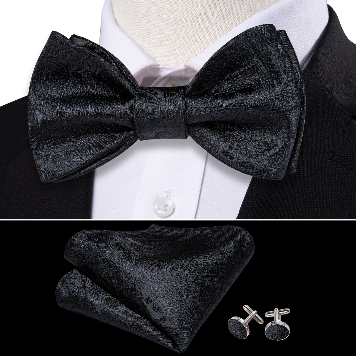 Black Paisley Bow Tie Set bow ties - Sophisticated Gentlemen