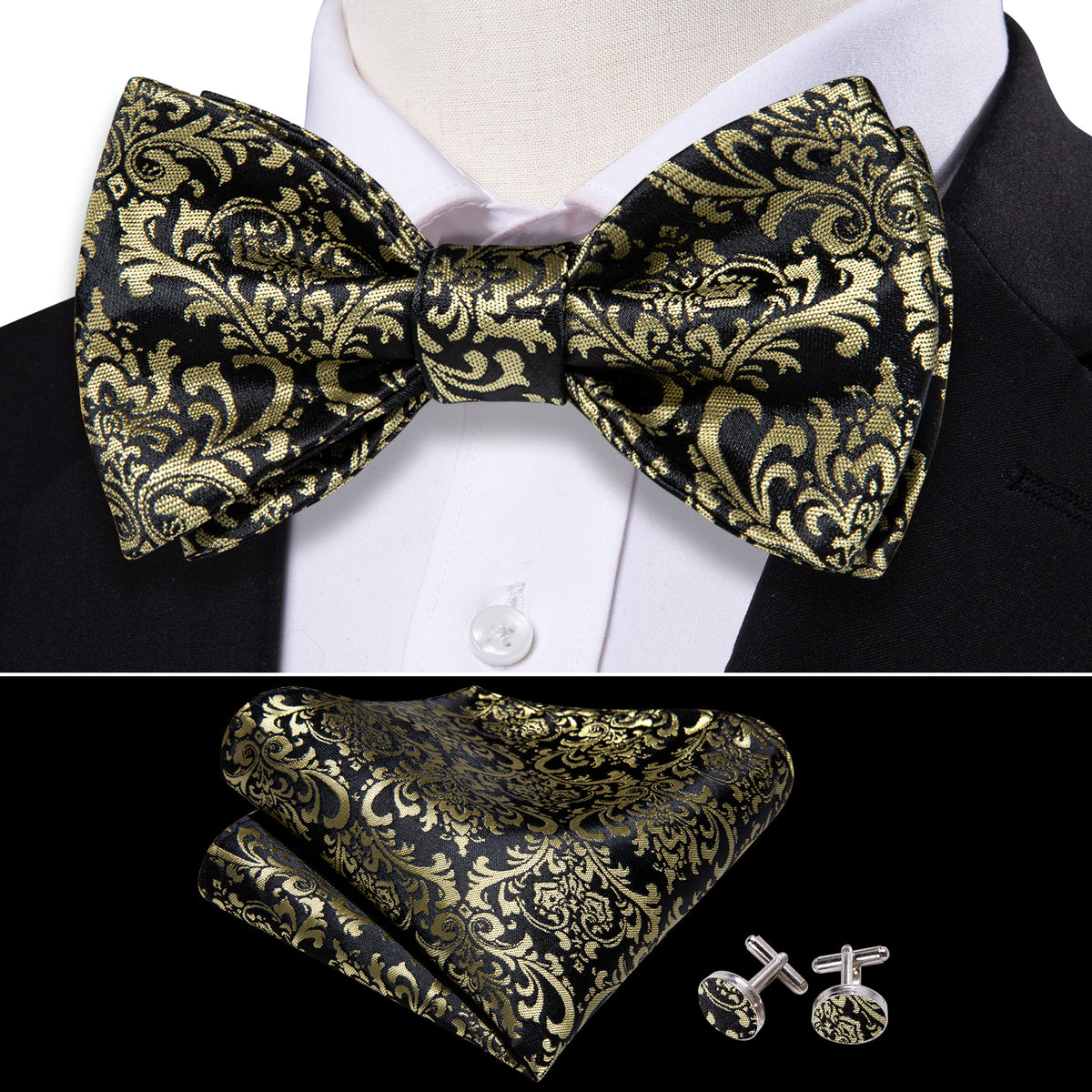 Black Yellow Floral Bow Tie Set bow ties - Sophisticated Gentlemen