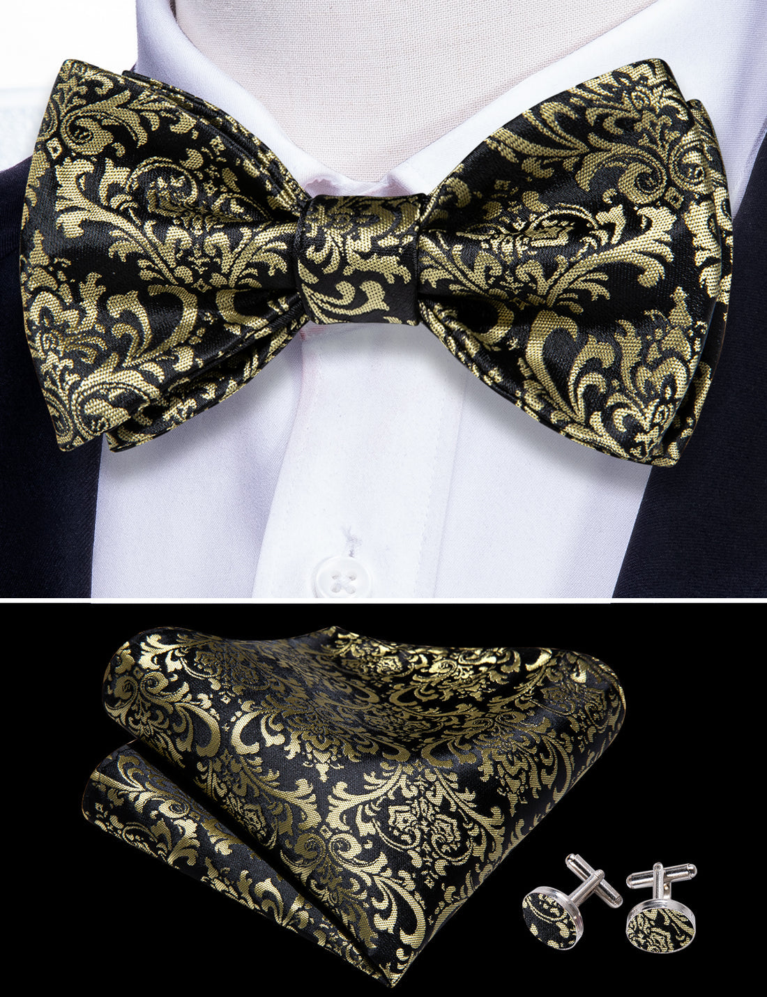 Black Yellow Floral Bow Tie Set bow ties - Sophisticated Gentlemen