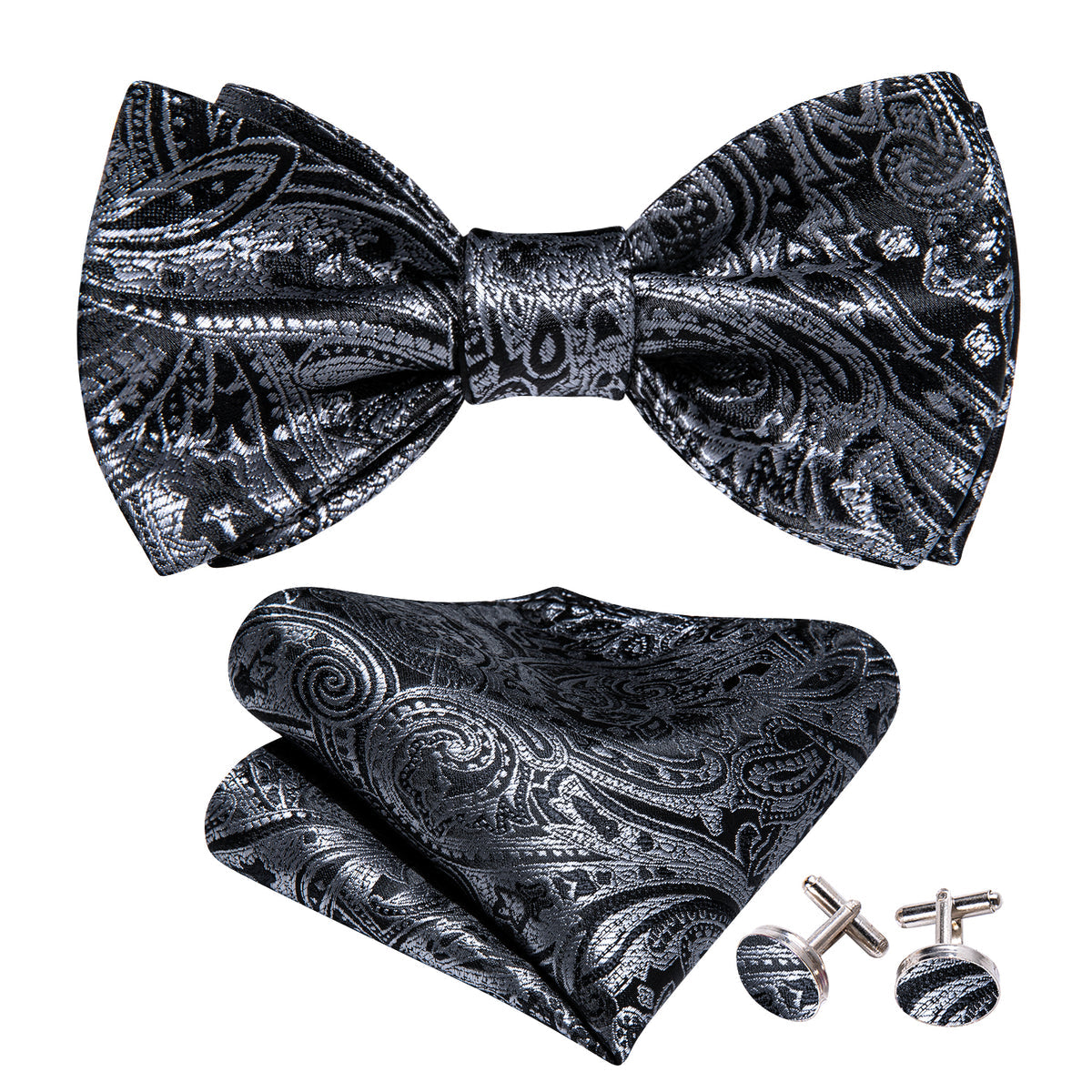 Grey Black Gold Paisley Bow Tie Set bow ties - Sophisticated Gentlemen