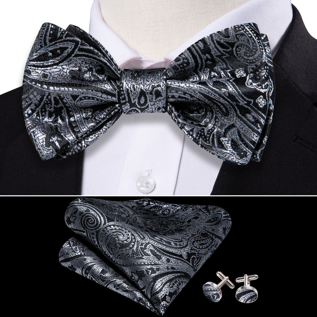 Grey Black Gold Paisley Bow Tie Set bow ties - Sophisticated Gentlemen