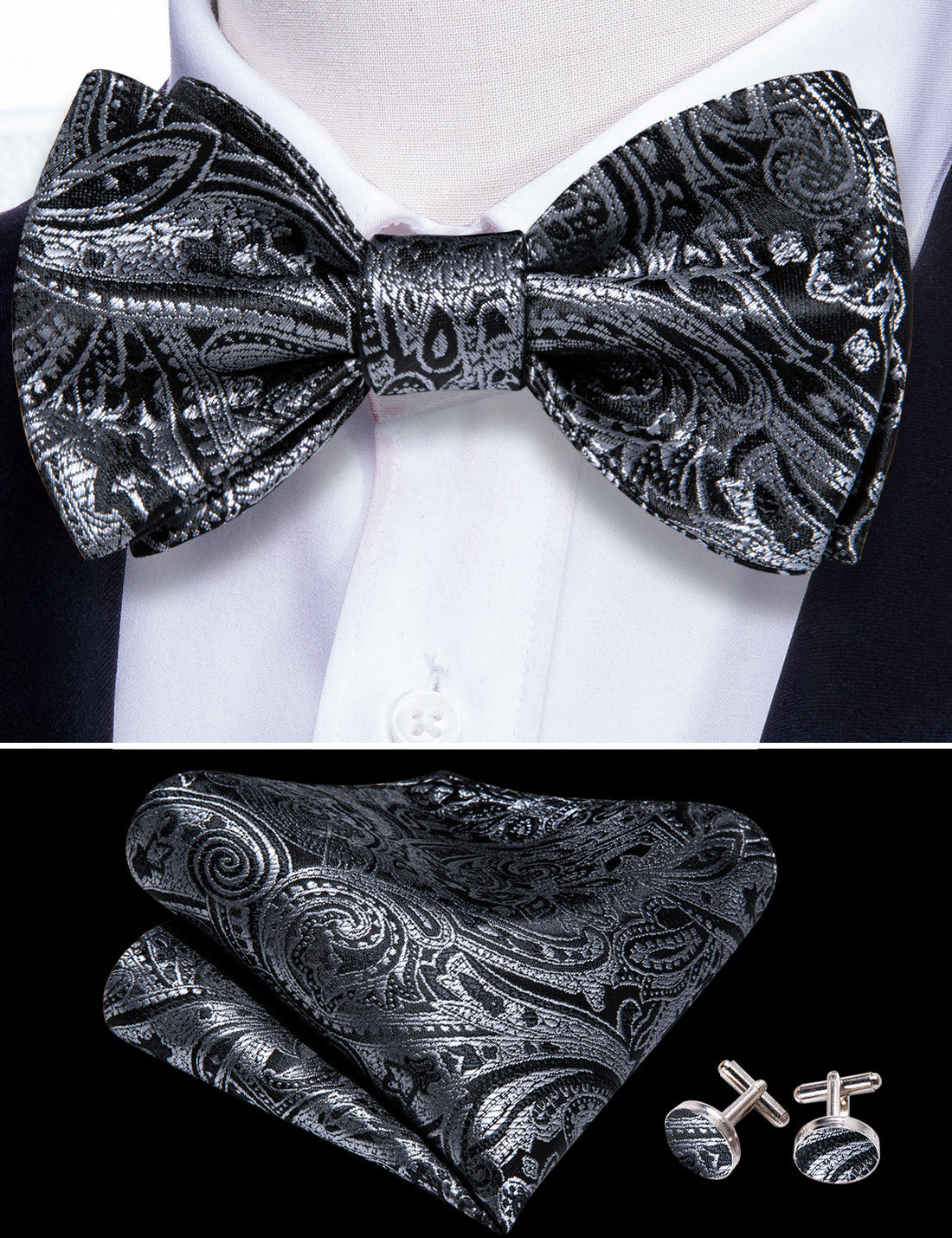 Grey Black Gold Paisley Bow Tie Set bow ties - Sophisticated Gentlemen
