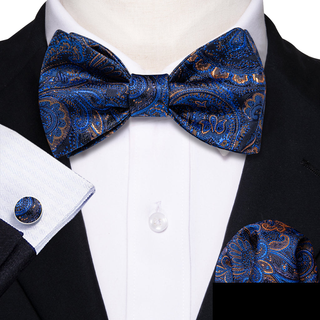 Blue Gold Paisley Bow Tie Set bow ties - Sophisticated Gentlemen