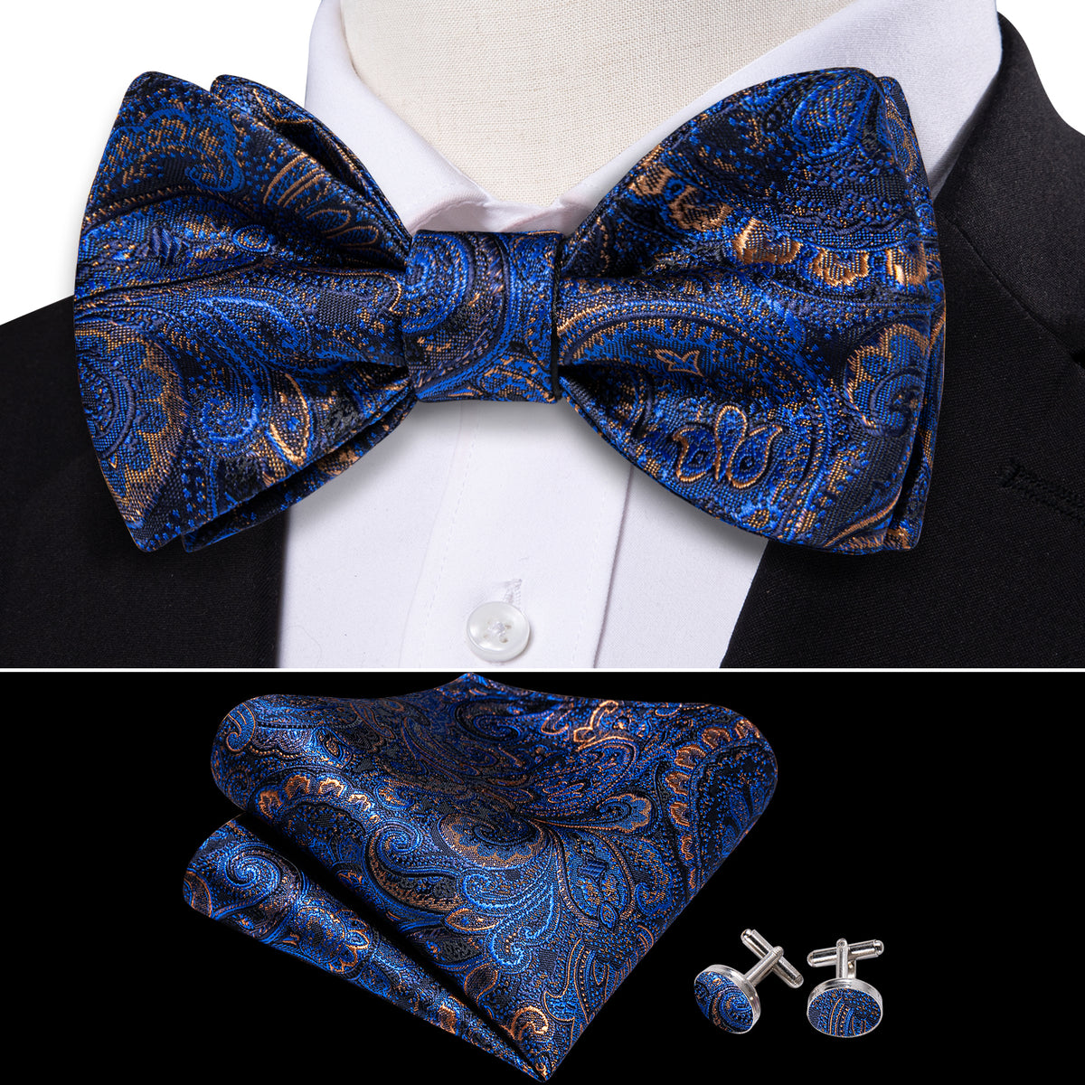 Blue Gold Paisley Bow Tie Set bow ties - Sophisticated Gentlemen