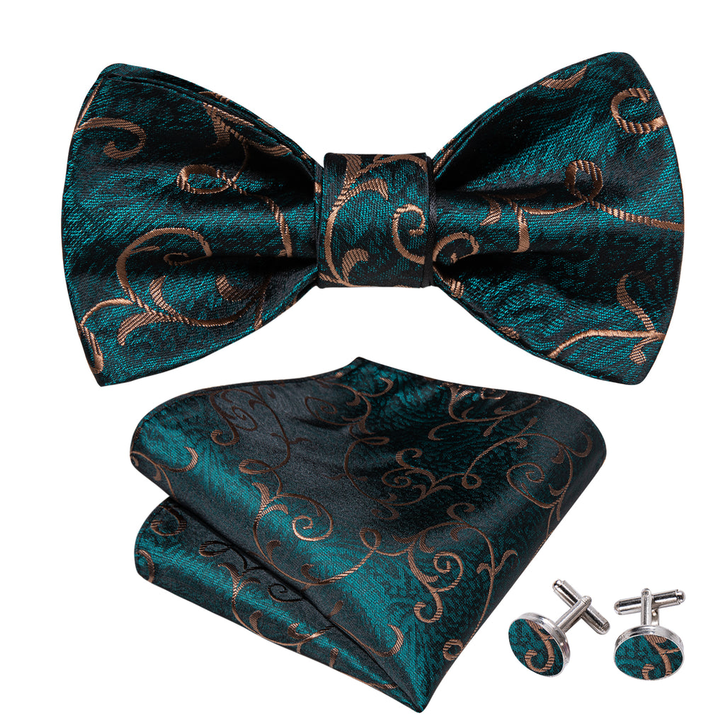 Green Gold Jacquard Floral Woven Silk Bow Tie Set bow ties - Sophisticated Gentlemen