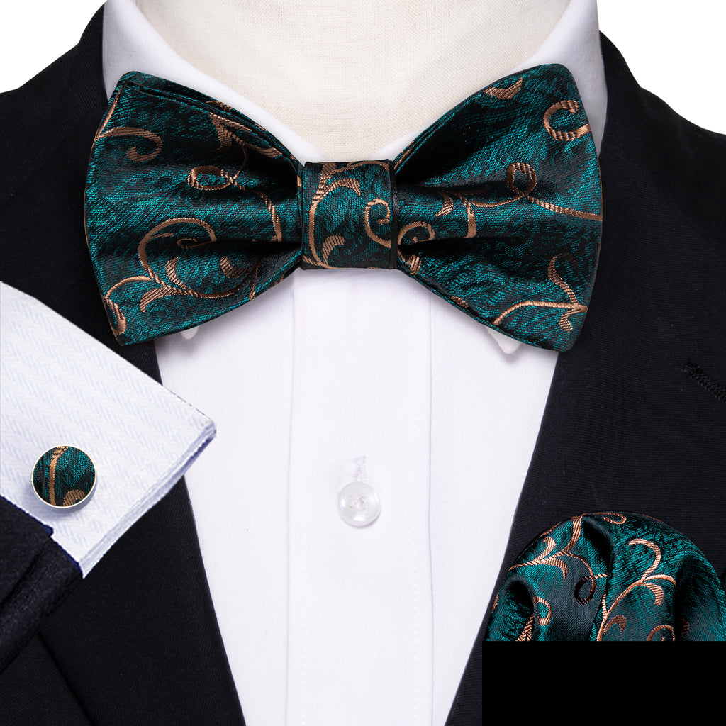 Green Gold Jacquard Floral Woven Silk Bow Tie Set bow ties - Sophisticated Gentlemen