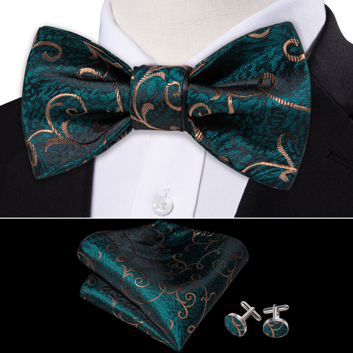 Green Gold Jacquard Floral Woven Silk Bow Tie Set bow ties - Sophisticated Gentlemen