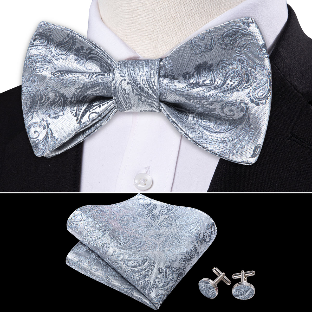 Silver Paisley Paisley Bow Tie Set bow ties - Sophisticated Gentlemen