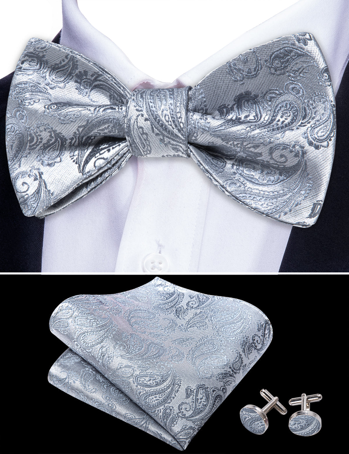 Silver Paisley Paisley Bow Tie Set bow ties - Sophisticated Gentlemen