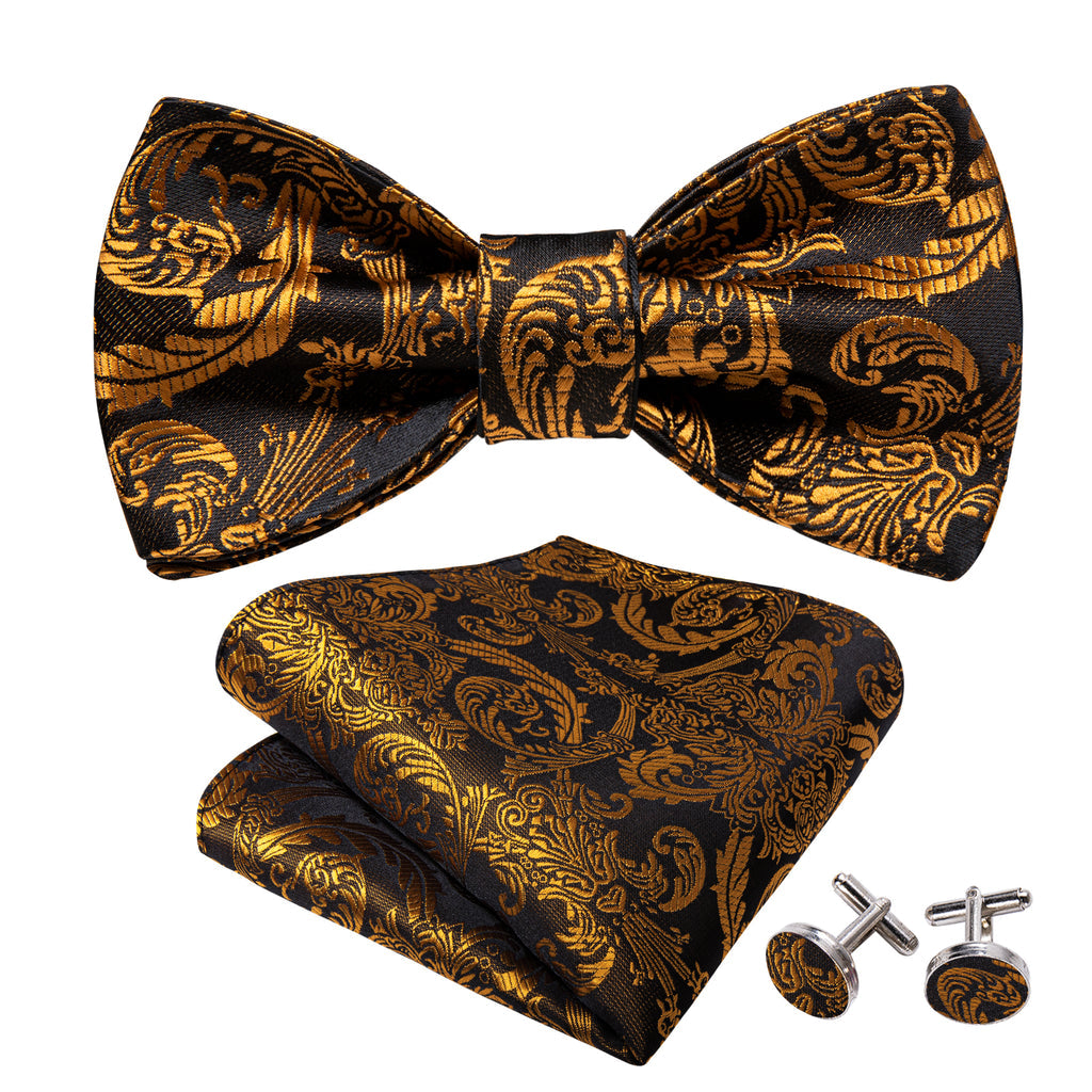 Gold Black Paisley Silk Bow Tie Set bow ties - Sophisticated Gentlemen