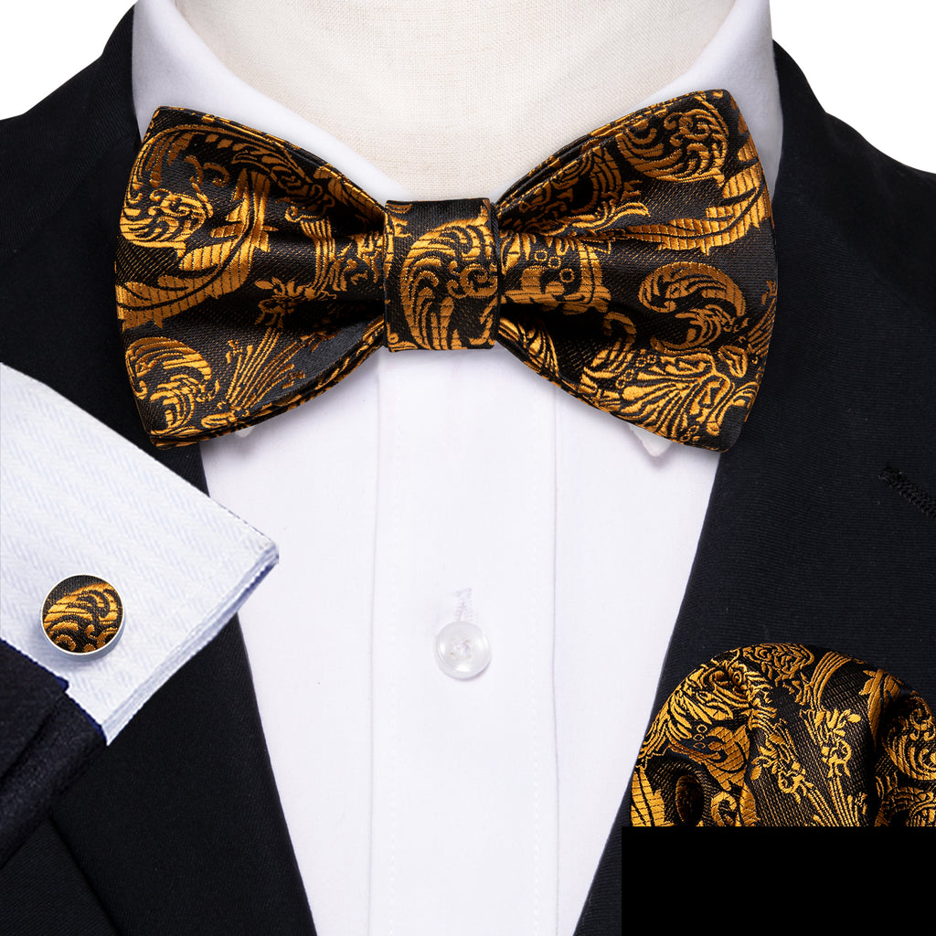 Gold Black Paisley Silk Bow Tie Set bow ties - Sophisticated Gentlemen