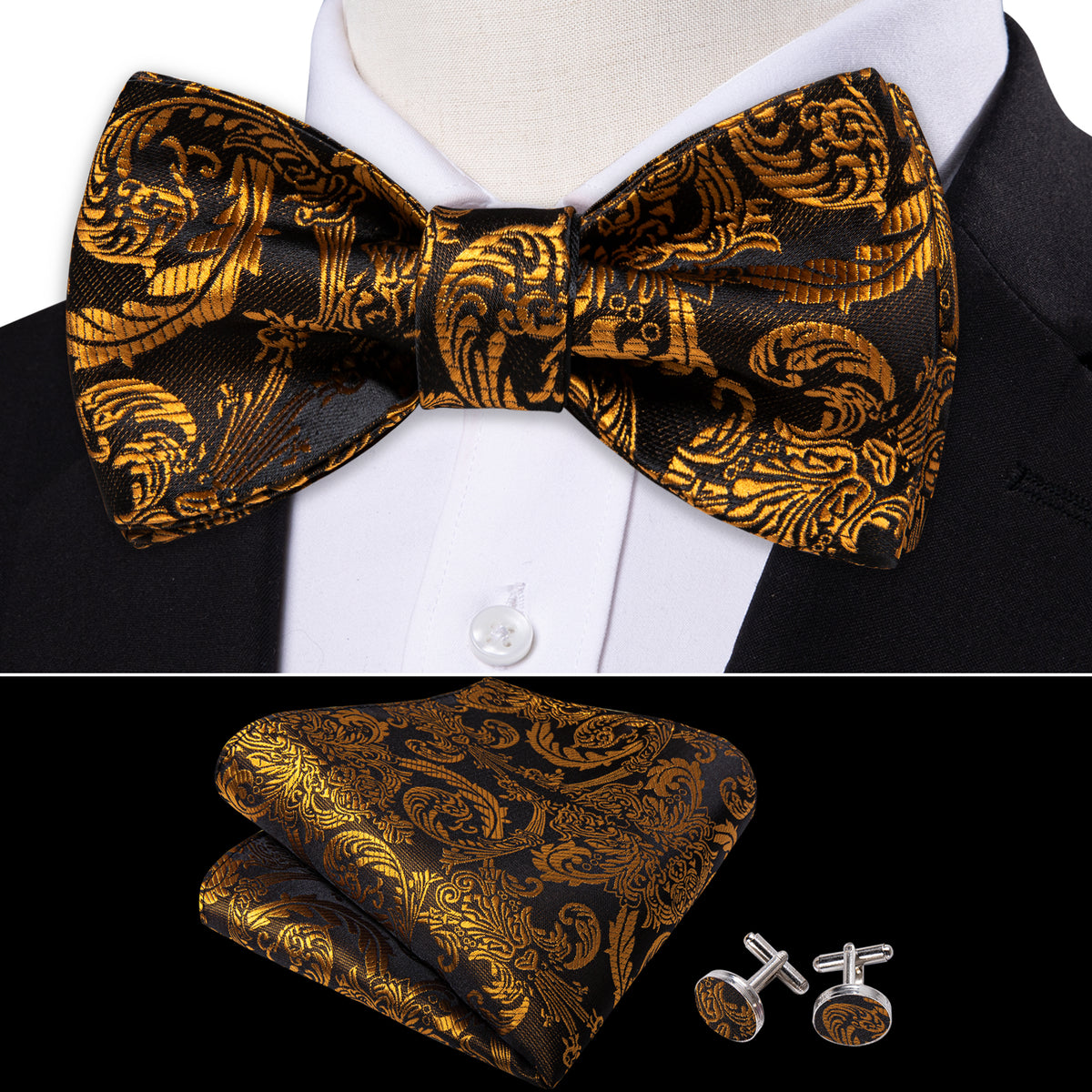 Gold Black Paisley Silk Bow Tie Set bow ties - Sophisticated Gentlemen