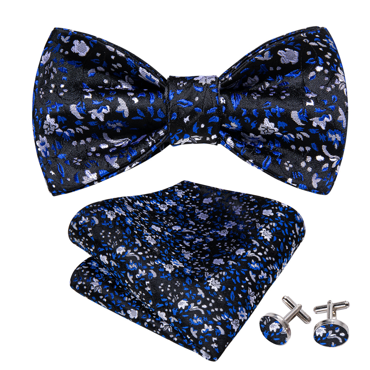 Black Blue Flower Silk Bow Tie Set bow ties - Sophisticated Gentlemen
