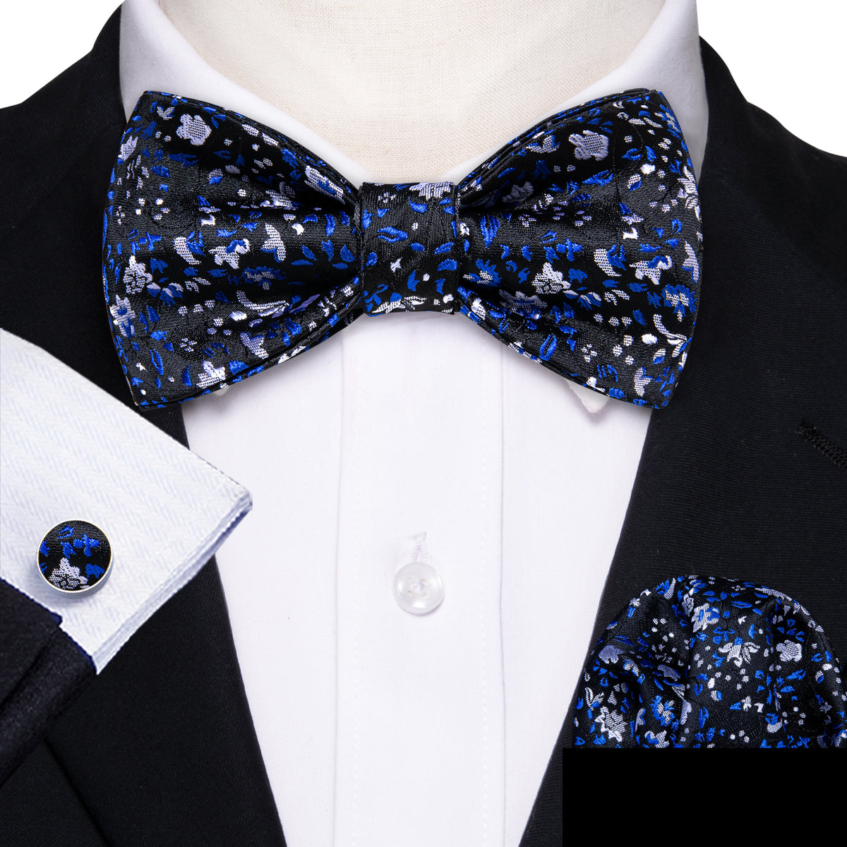 Black Blue Flower Silk Bow Tie Set bow ties - Sophisticated Gentlemen