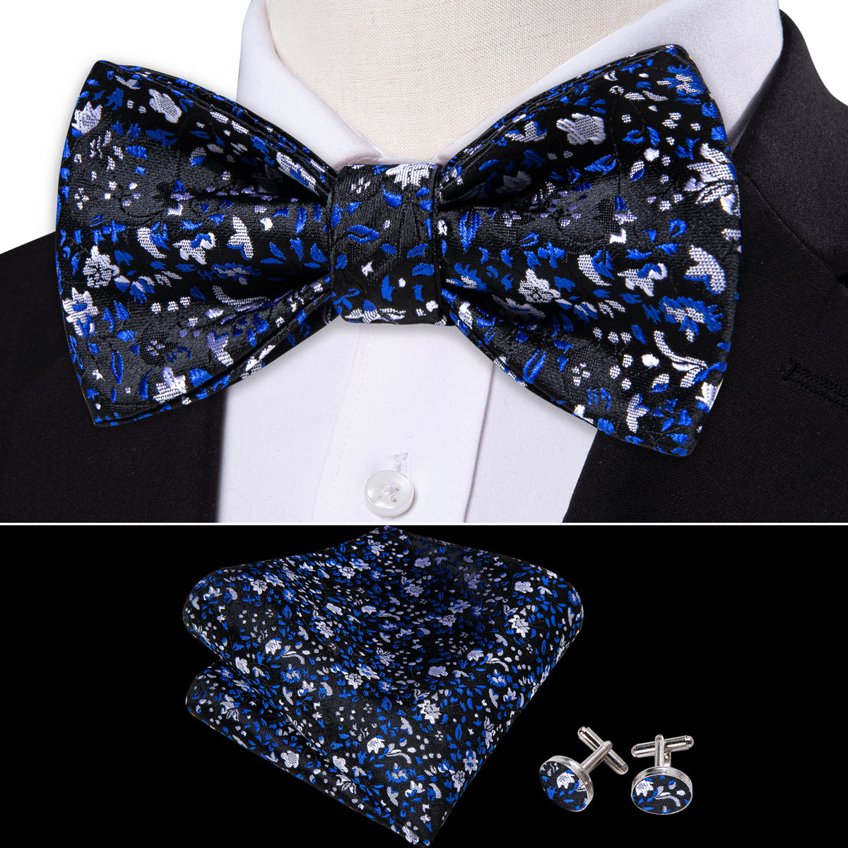 Black Blue Flower Silk Bow Tie Set bow ties - Sophisticated Gentlemen