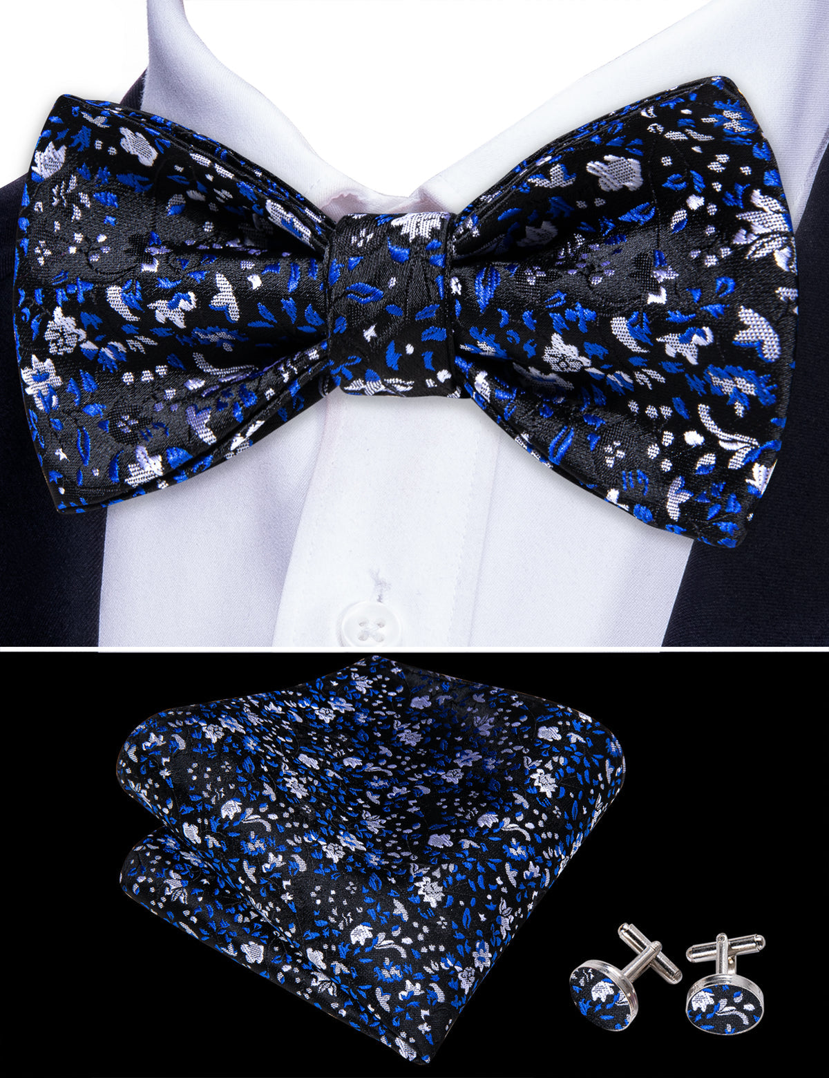 Black Blue Flower Silk Bow Tie Set bow ties - Sophisticated Gentlemen