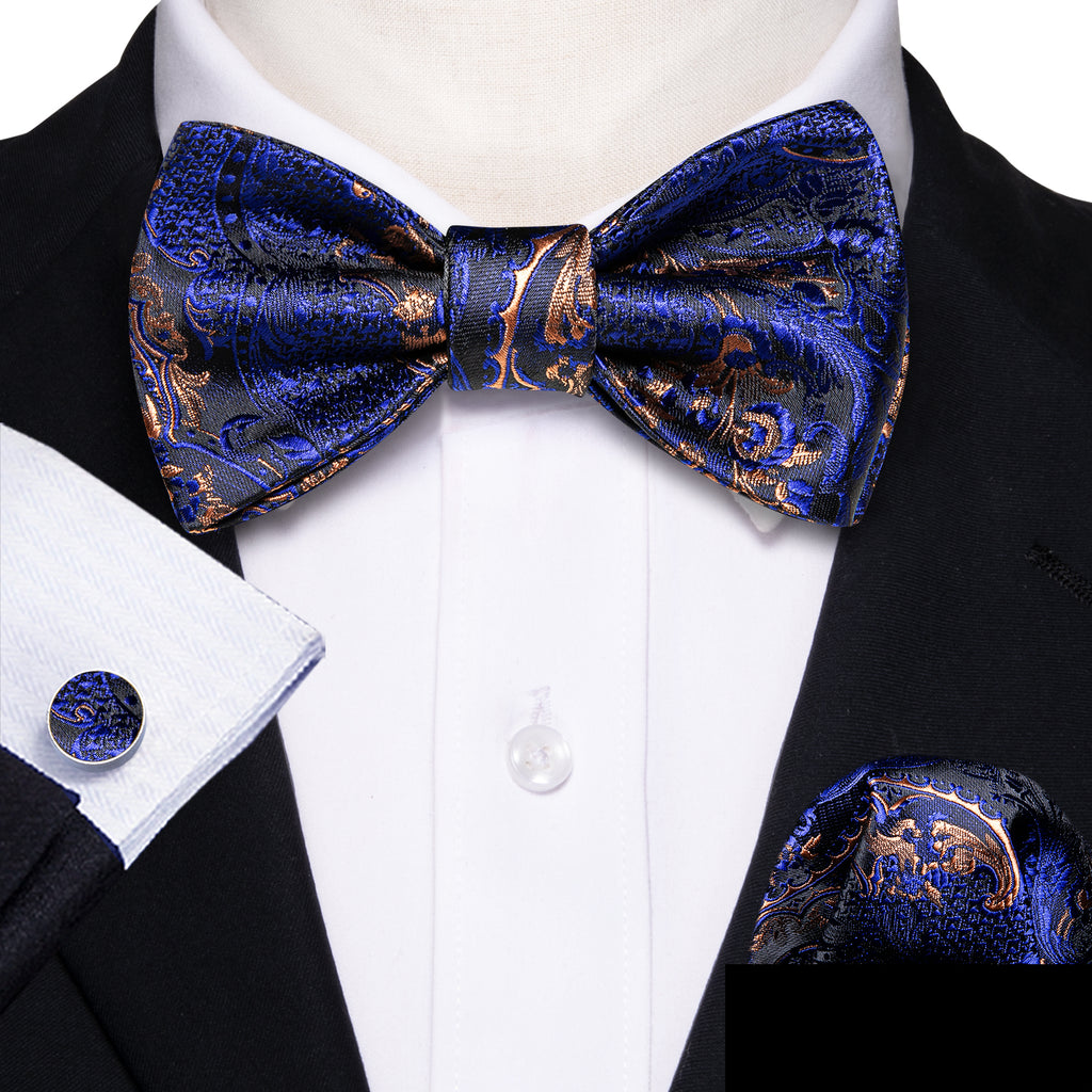 Blue Brown Paisley Silk Bow Tie Set bow ties - Sophisticated Gentlemen