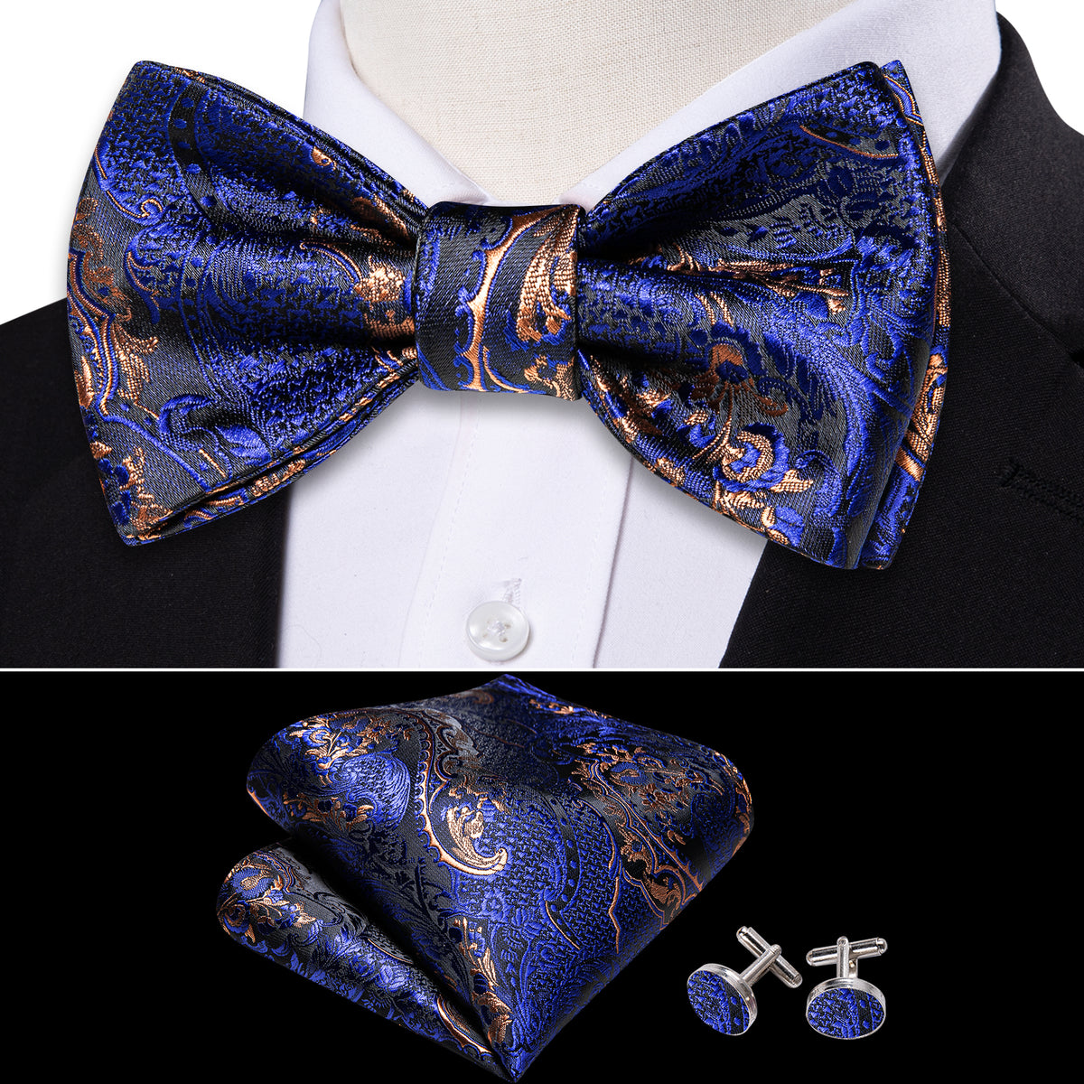 Blue Brown Paisley Silk Bow Tie Set bow ties - Sophisticated Gentlemen