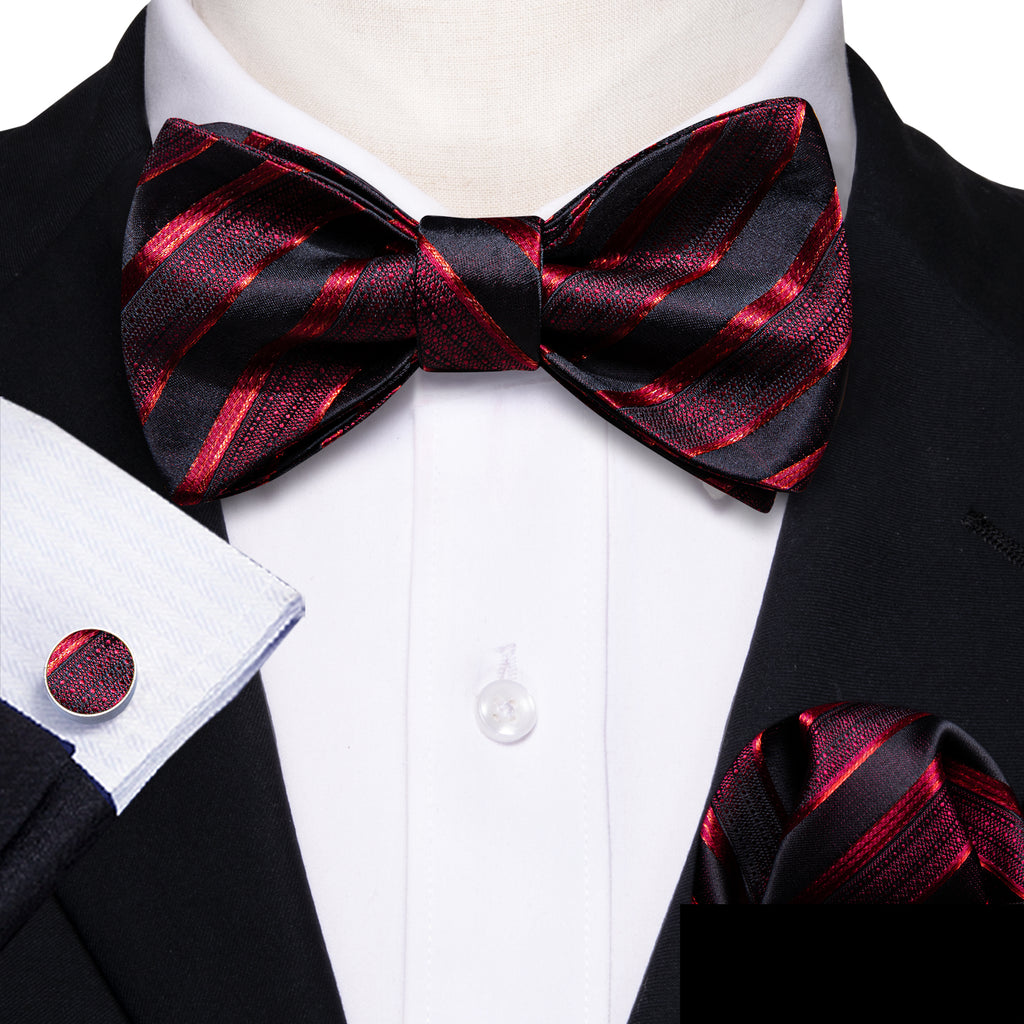 Red Black Striped Silk Bow Tie Set bow ties - Sophisticated Gentlemen