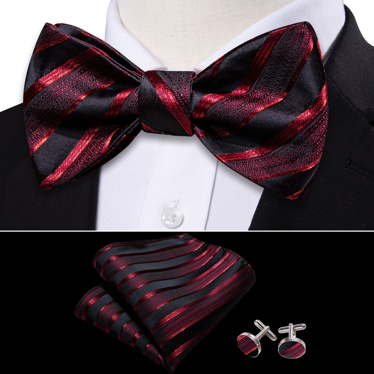 Red Black Striped Silk Bow Tie Set bow ties - Sophisticated Gentlemen