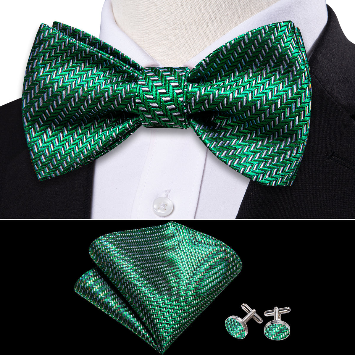 Green White Striped Silk Bow Tie Set bow ties - Sophisticated Gentlemen