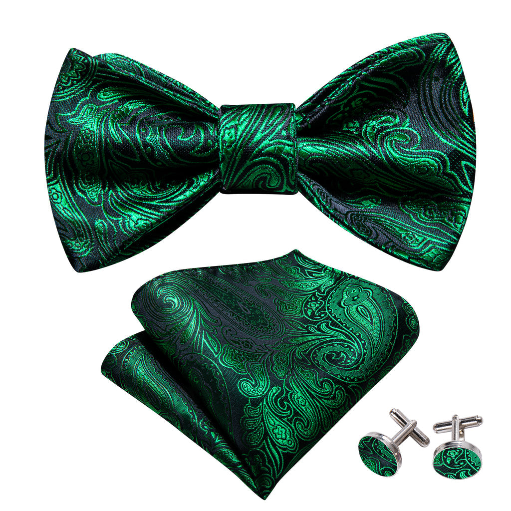 Olive Green Paisley Silk Bow Tie Set bow ties - Sophisticated Gentlemen