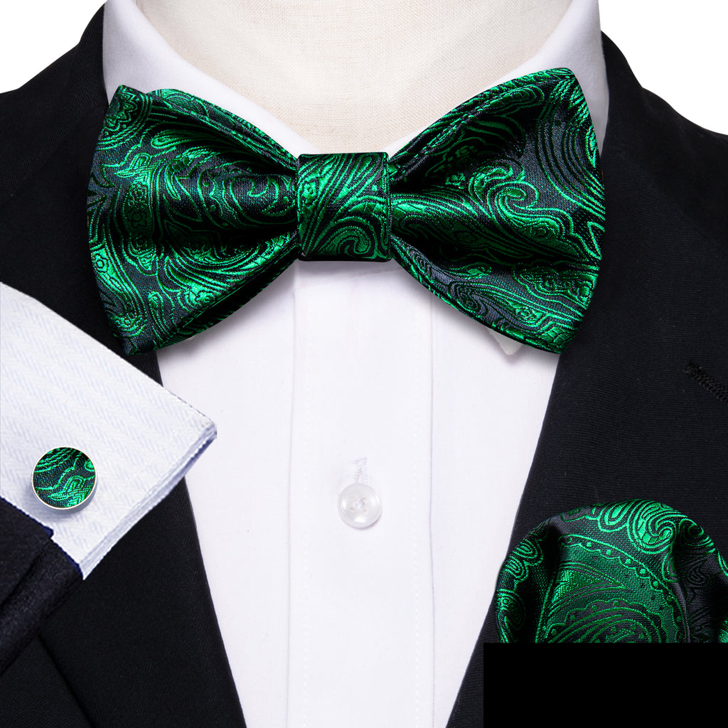 Olive Green Paisley Silk Bow Tie Set bow ties - Sophisticated Gentlemen