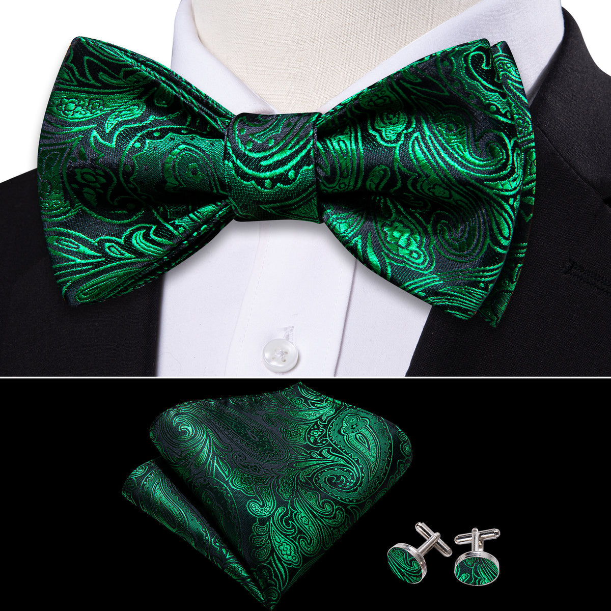 Olive Green Paisley Silk Bow Tie Set bow ties - Sophisticated Gentlemen