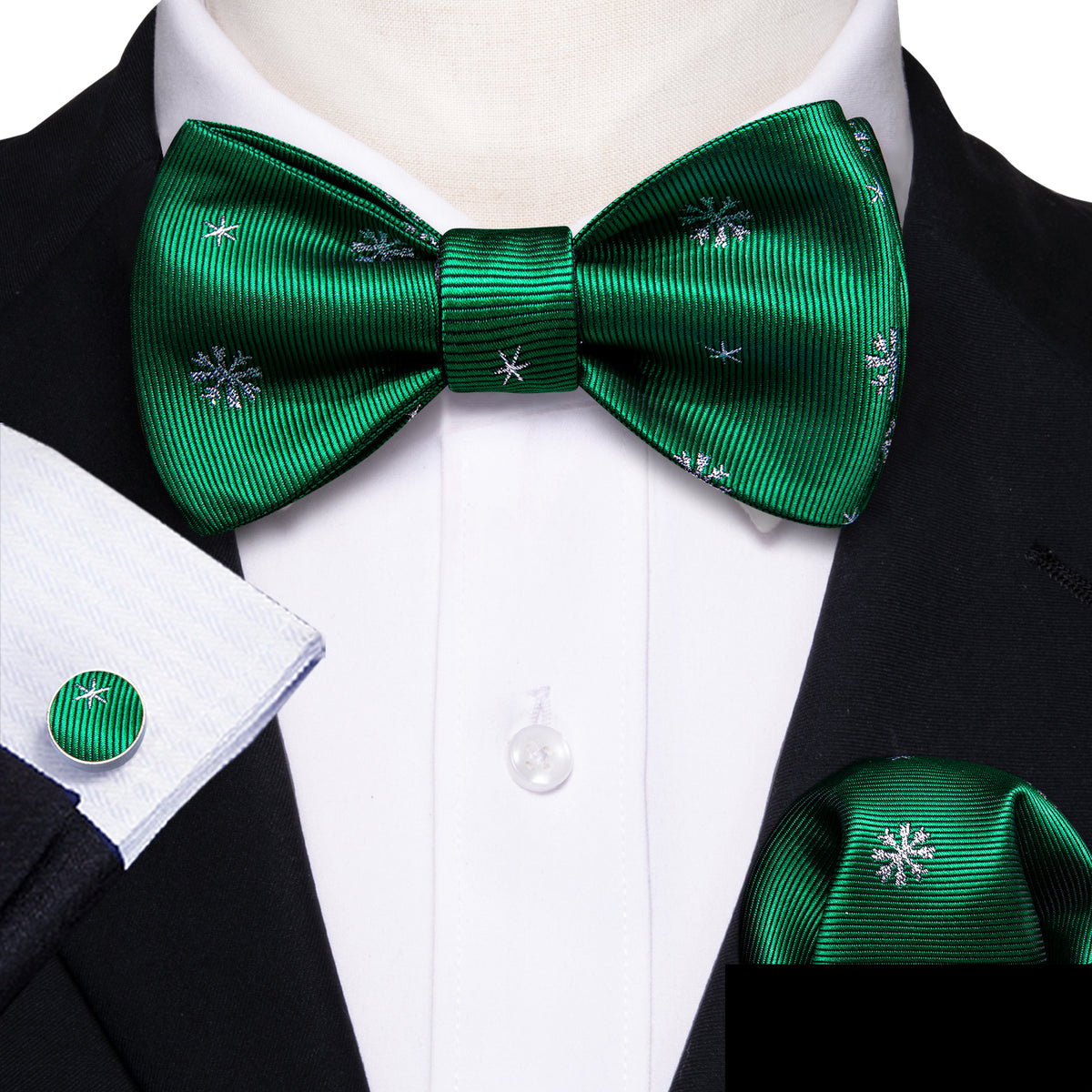 Green & White Snowflake Silk Christmas Bow Tie Set bow ties - Sophisticated Gentlemen