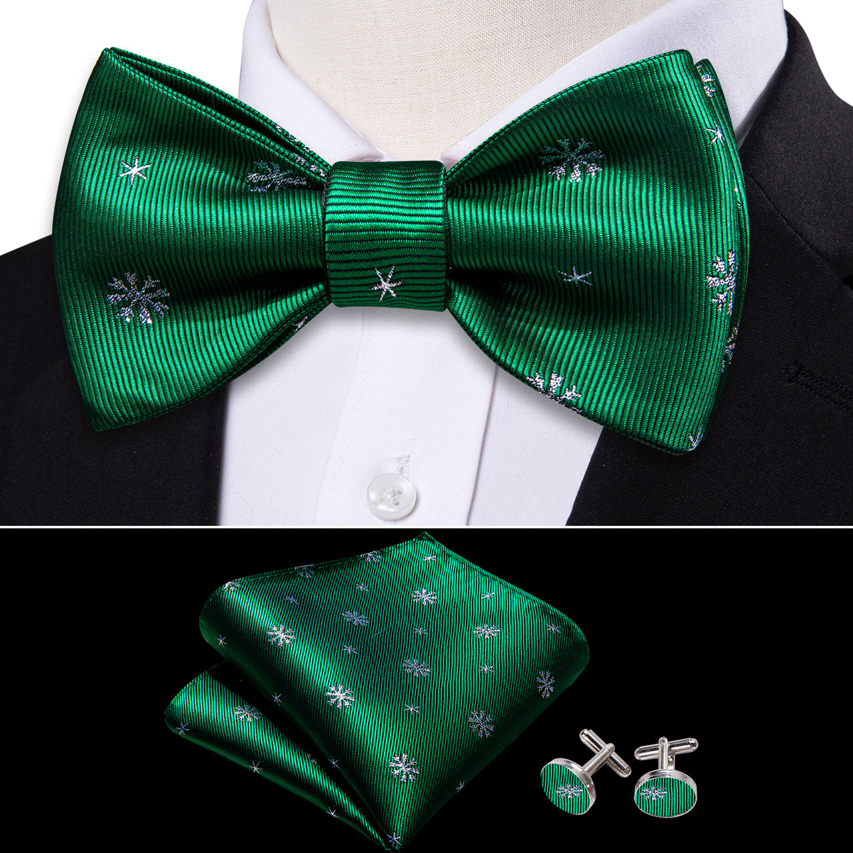 Green & White Snowflake Silk Christmas Bow Tie Set bow ties - Sophisticated Gentlemen