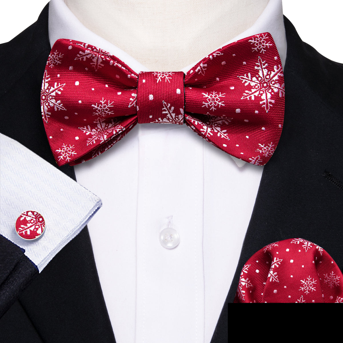 Red White Christmas Fashion Snowflake Silk Bow Tie Set bow ties - Sophisticated Gentlemen