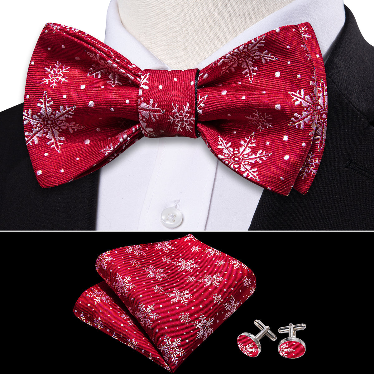 Red White Christmas Fashion Snowflake Silk Bow Tie Set bow ties - Sophisticated Gentlemen