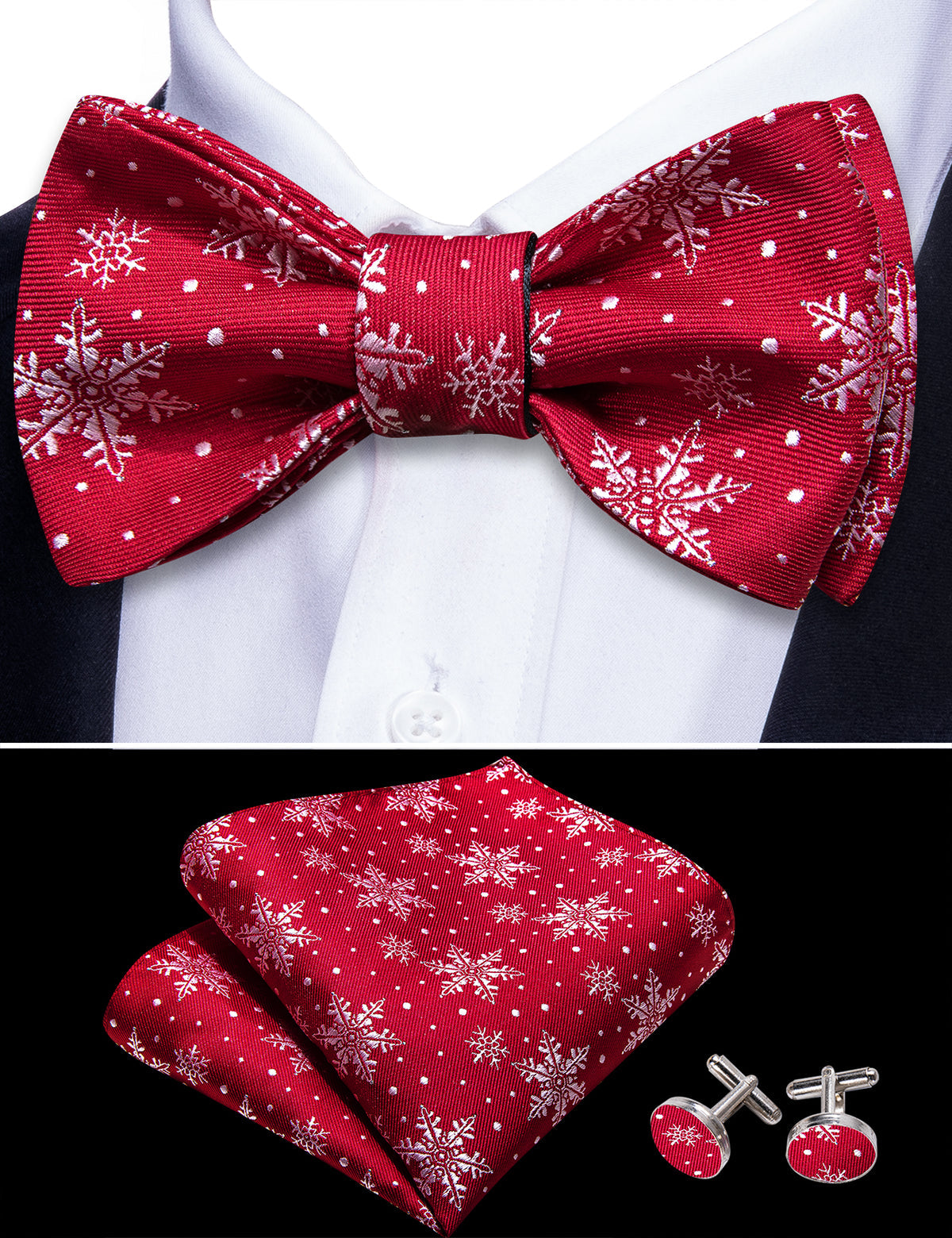 Red White Christmas Fashion Snowflake Silk Bow Tie Set bow ties - Sophisticated Gentlemen