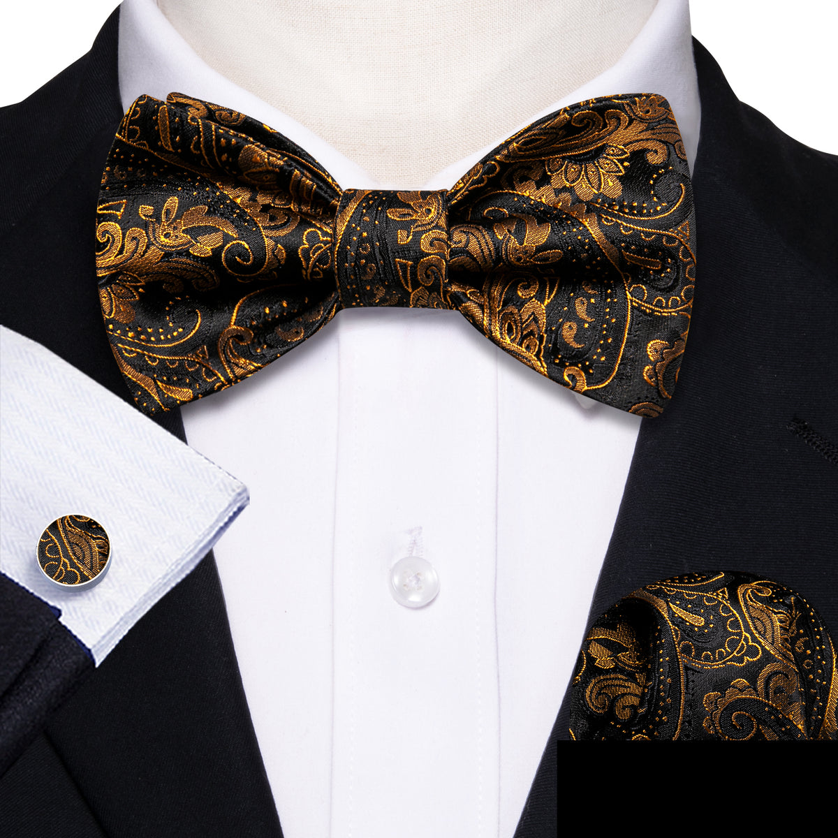 Black Gold Paisley Bow Tie Set bow ties - Sophisticated Gentlemen