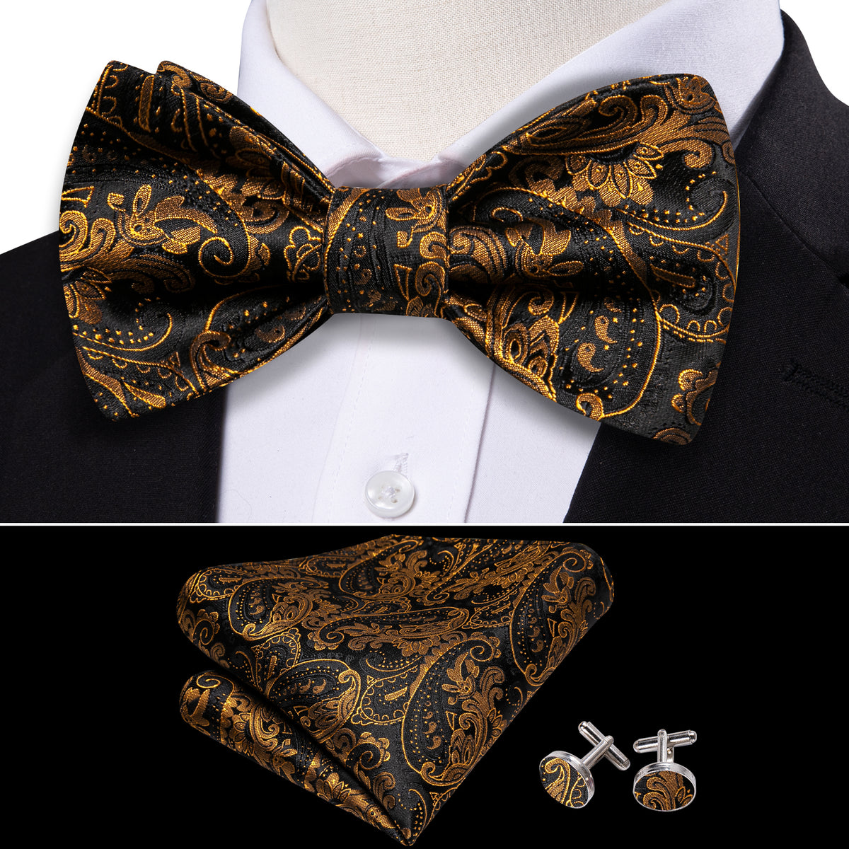 Black Gold Paisley Bow Tie Set bow ties - Sophisticated Gentlemen