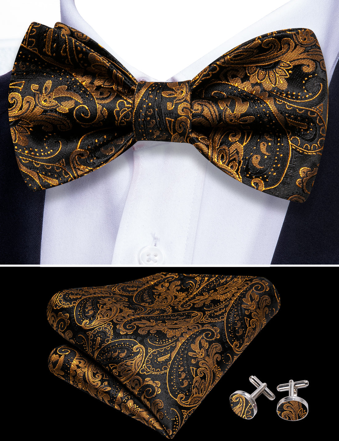 Black Gold Paisley Bow Tie Set bow ties - Sophisticated Gentlemen