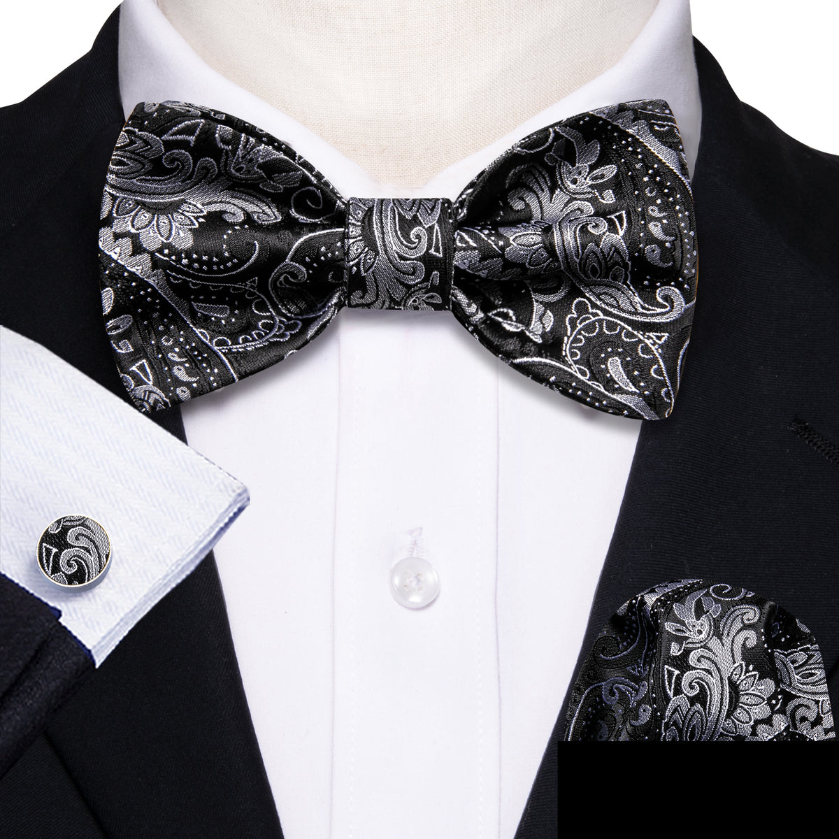 Black Paisley Grey Silk Bow Tie Set bow ties - Sophisticated Gentlemen