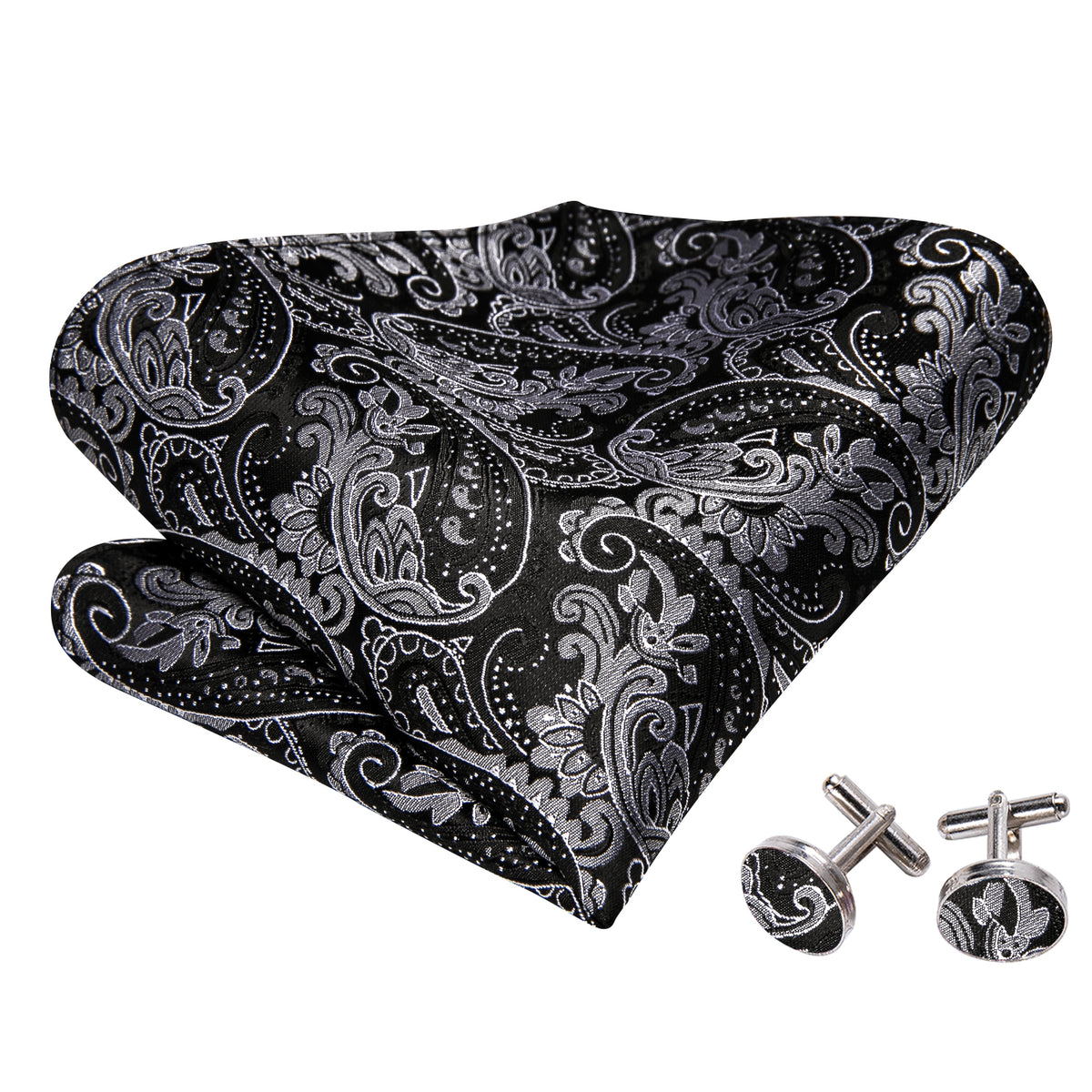 Black Paisley Grey Silk Bow Tie Set bow ties - Sophisticated Gentlemen