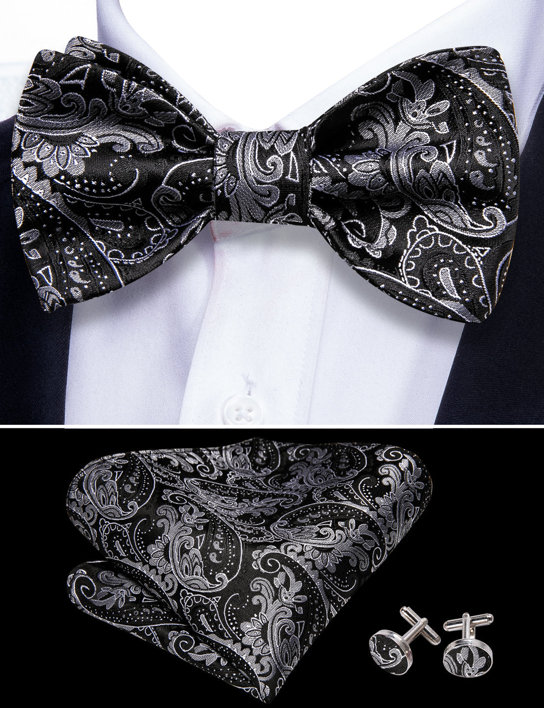 Black Paisley Grey Silk Bow Tie Set bow ties - Sophisticated Gentlemen