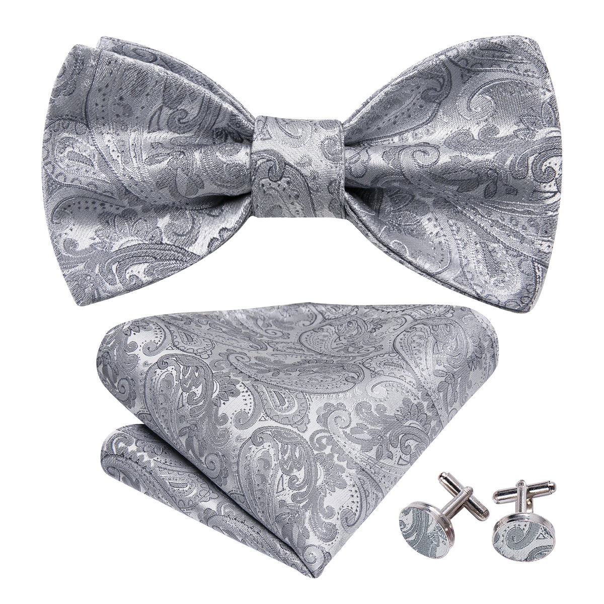 Silver Paisley Solid Bow Tie Set bow ties - Sophisticated Gentlemen
