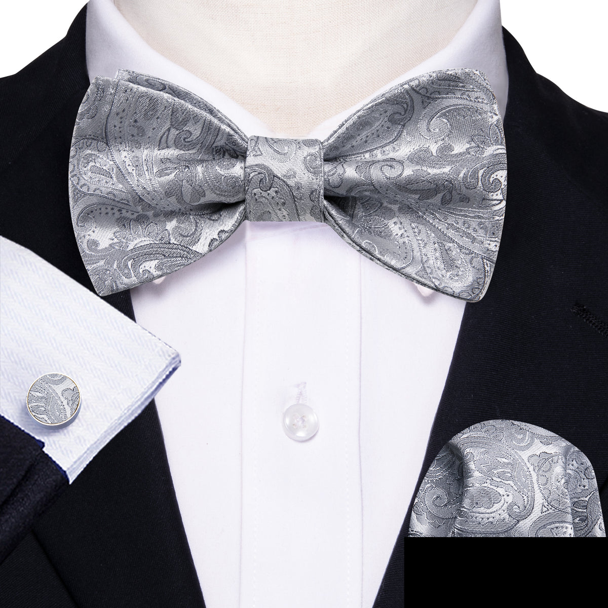 Silver Paisley Solid Bow Tie Set bow ties - Sophisticated Gentlemen