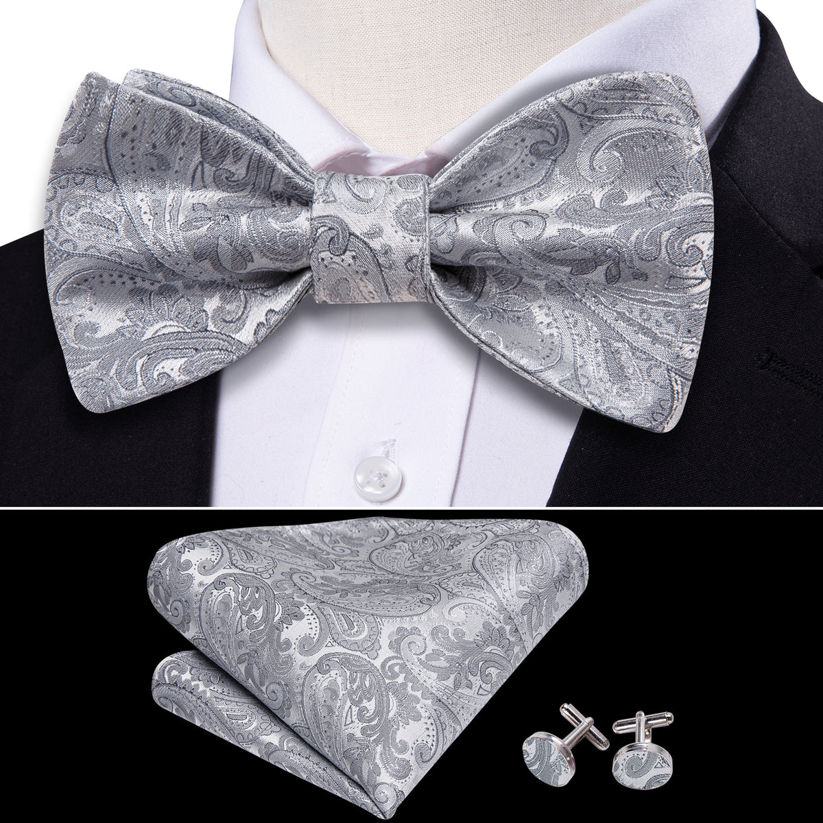 Silver Paisley Solid Bow Tie Set bow ties - Sophisticated Gentlemen