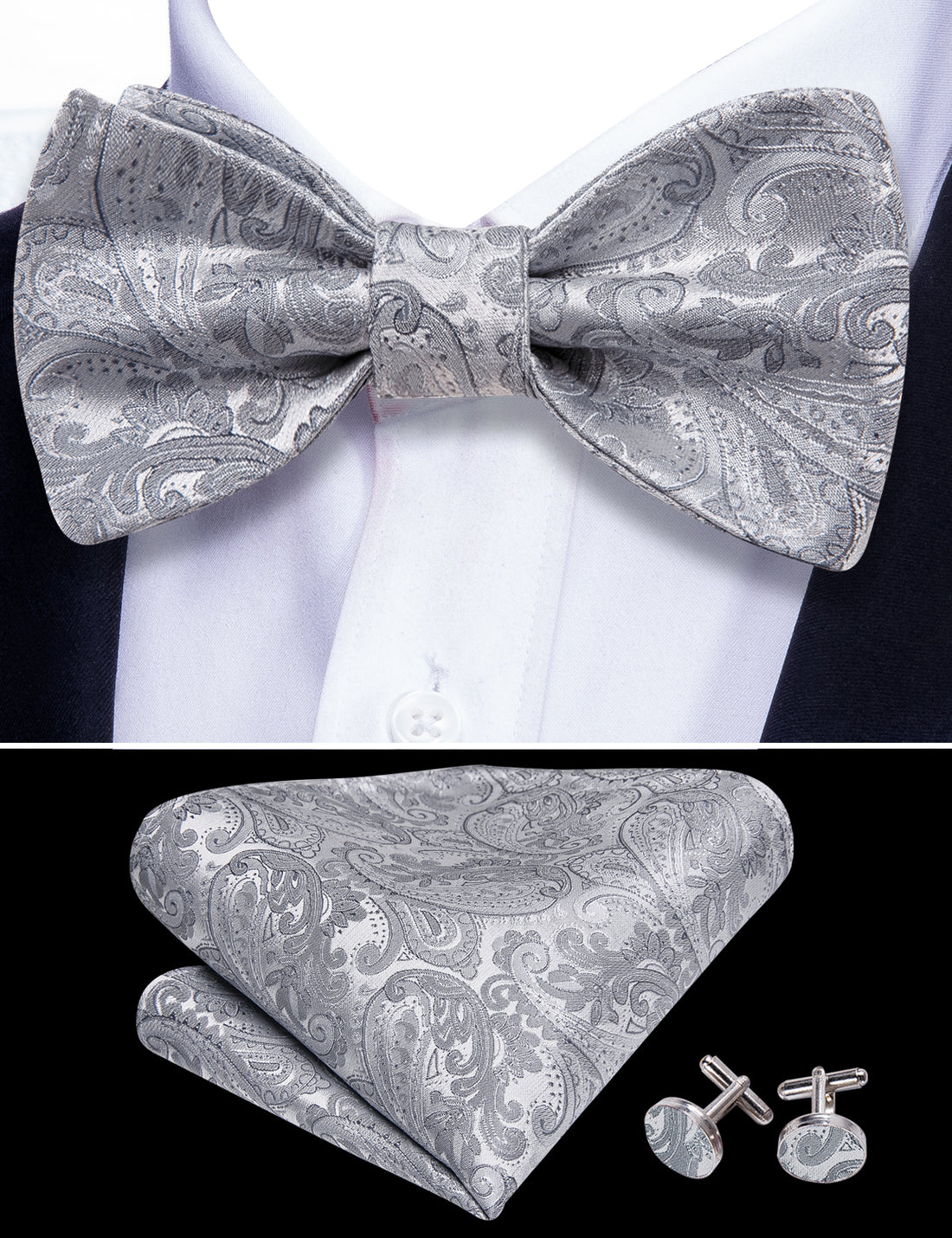 Silver Paisley Solid Bow Tie Set bow ties - Sophisticated Gentlemen