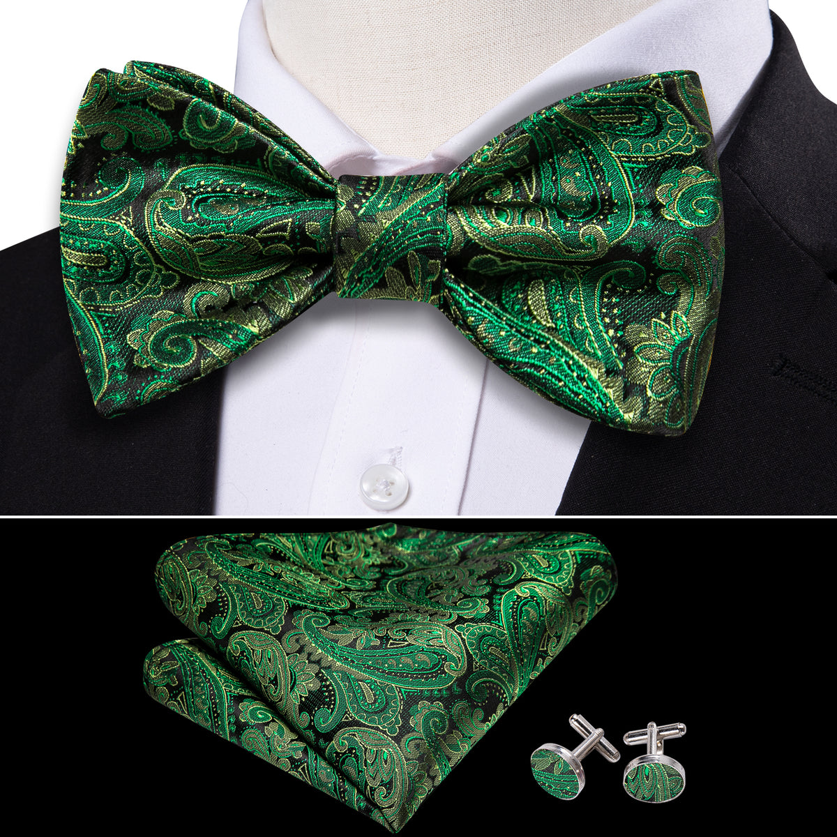 Grass Green Paisley Bow Tie Set bow ties - Sophisticated Gentlemen